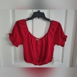 Active USA Women’s Red Puff Sleeve Button Front Crop Top Size Small NWT